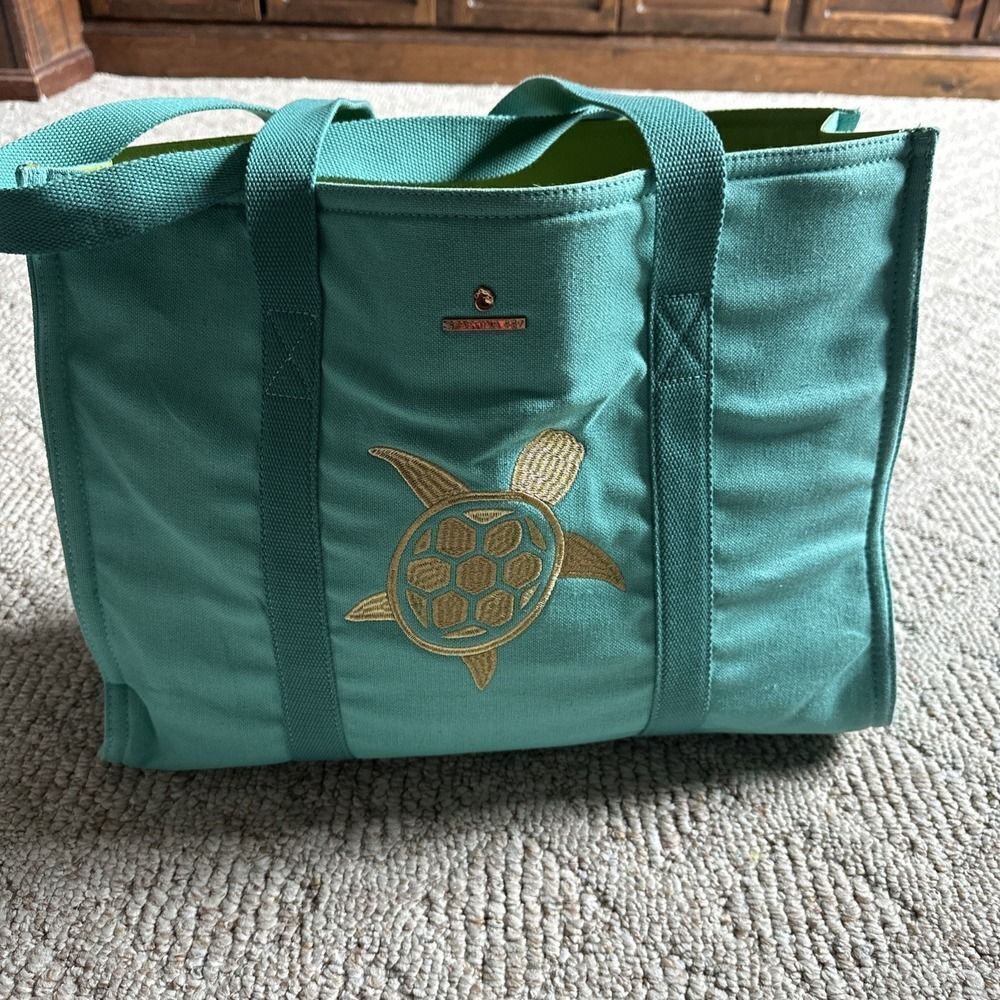 Spartina 449 large canvas tote beach bag turquoise blue gold Turtle  EUC